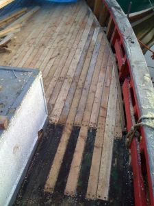 converted trawler wooden deck repair caulking seams